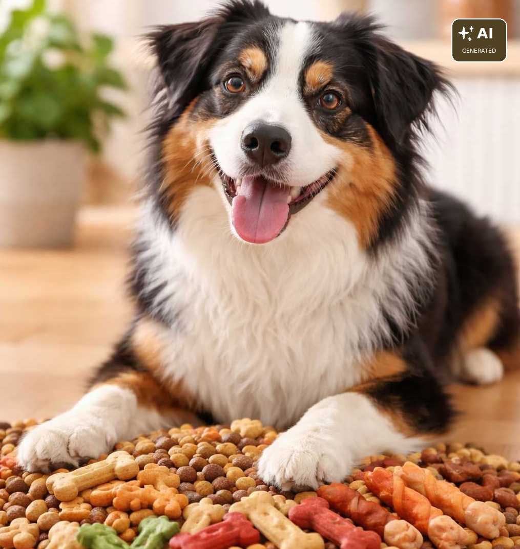 Hund liegt vor einer Auswahl verschiedener Hundesnacks und Leckerlis